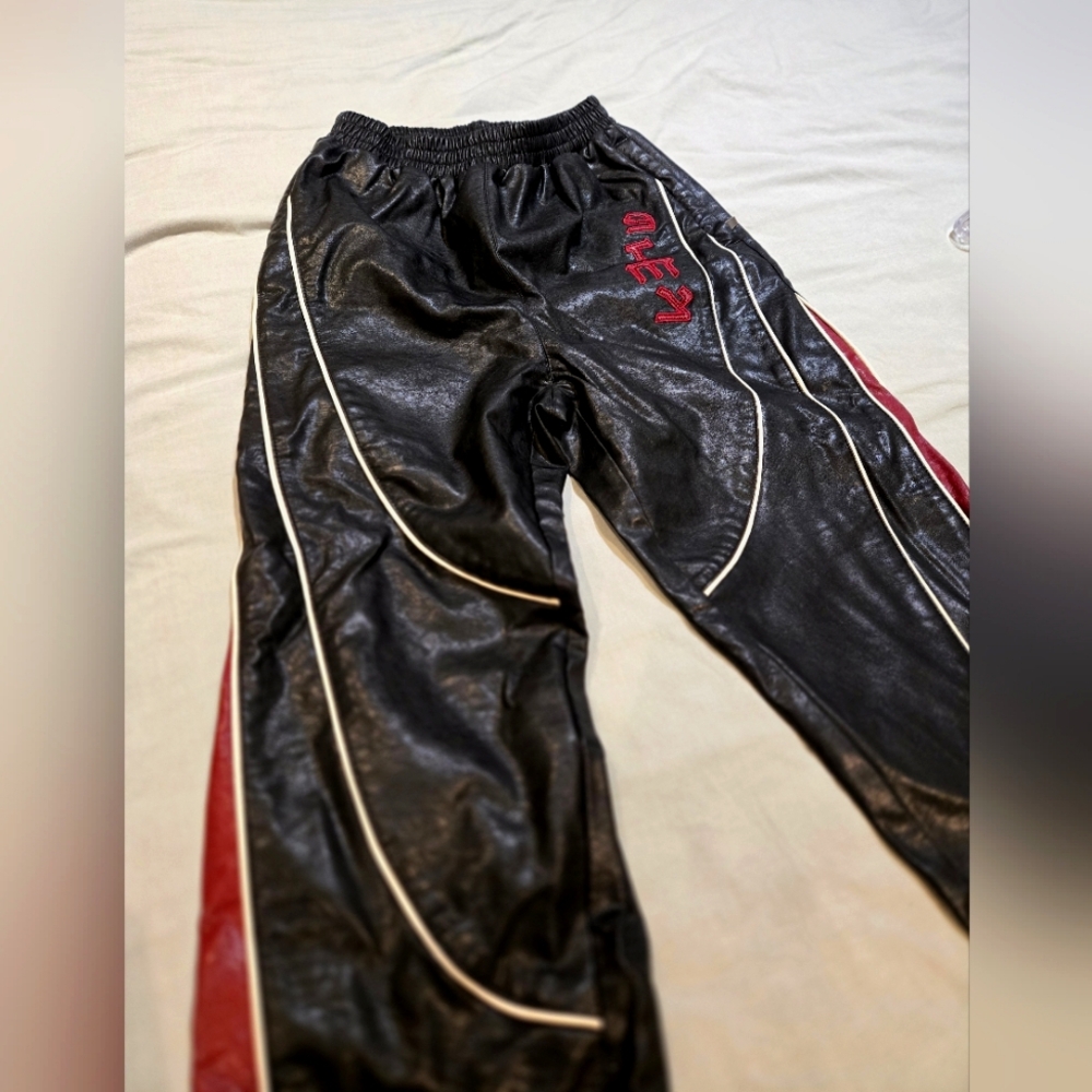 Black and Red Faux Leather Moto Athletic Pants